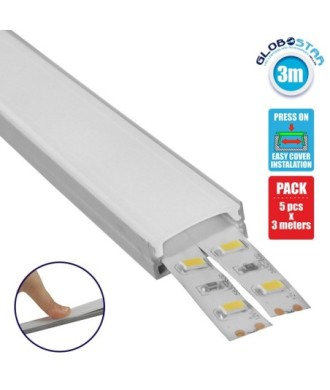 GLOBOSTAR® ALP-LINEAR ALIENA 70809-3M Επιφανειακό Προφίλ Αλουμινίου με Λευκό Γαλακτερό Πατητό Κάλυμμα για Ταινίες LED IP20 - Ασημί & Λευκό - Μ300 x Π2.4 x Υ1.1cm - Πακέτο 5 Τεμαχίων